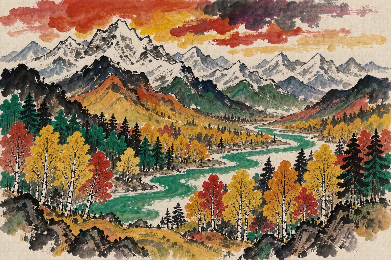 黄永玉风格插画：北疆金秋山河全景，雪山、金色森林与翡翠色河流