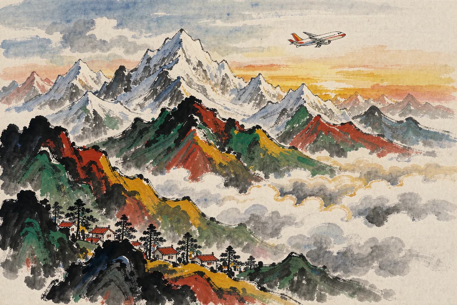 黄永玉风格插画:进疆航班飞越雪山云海