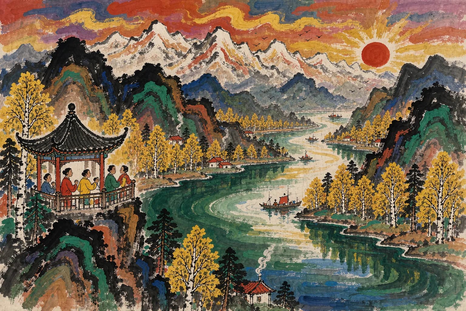 黄永玉风格插画:观鱼台俯瞰喀纳斯湖落日
