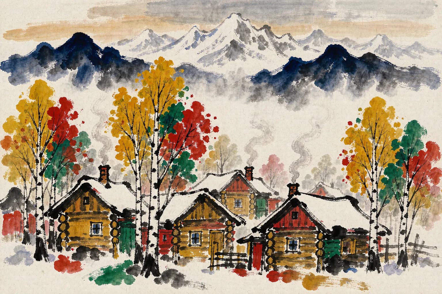 黄永玉风格插画:哈登平台俯瞰禾木村炊烟晨雾