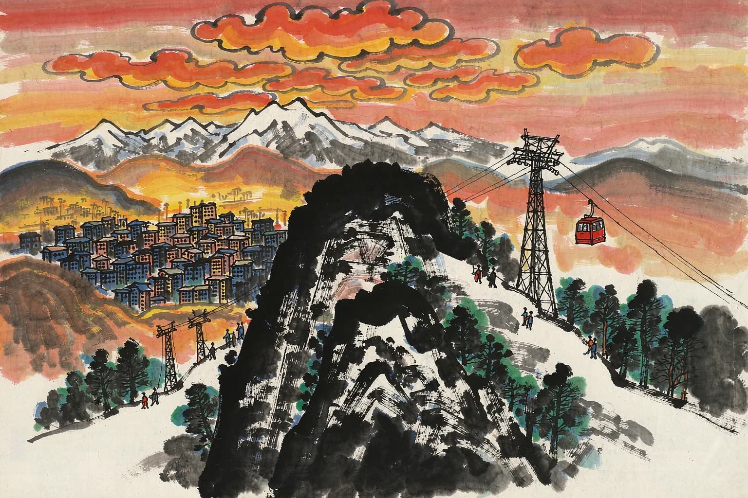 黄永玉风格插画:将军山缆车日落与雪都天际线