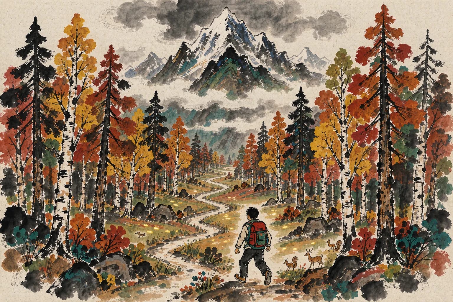 黄永玉风格插画:美丽峰原始林海徒步小径