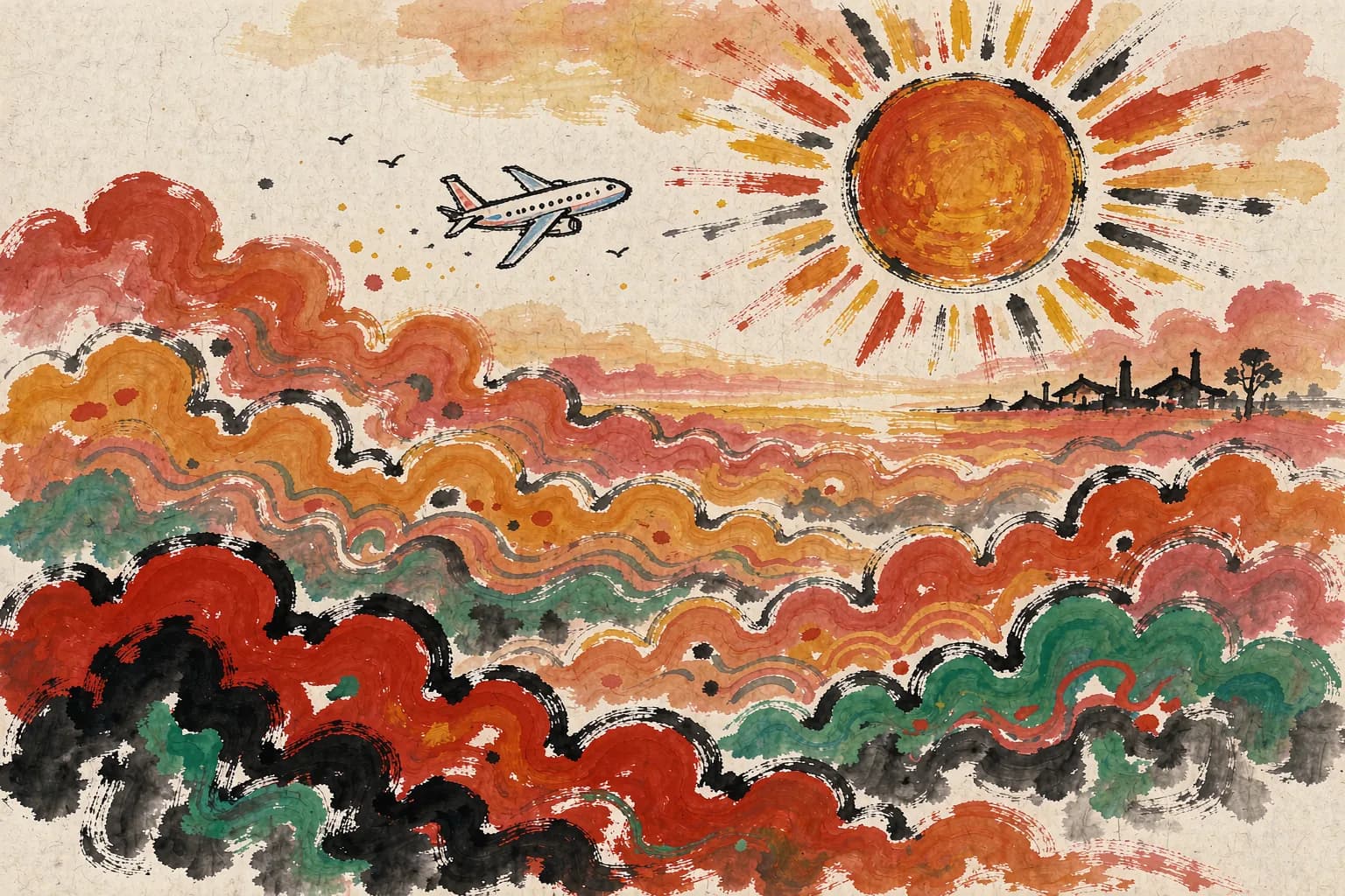 黄永玉风格插画:归程航班飞入落日云海