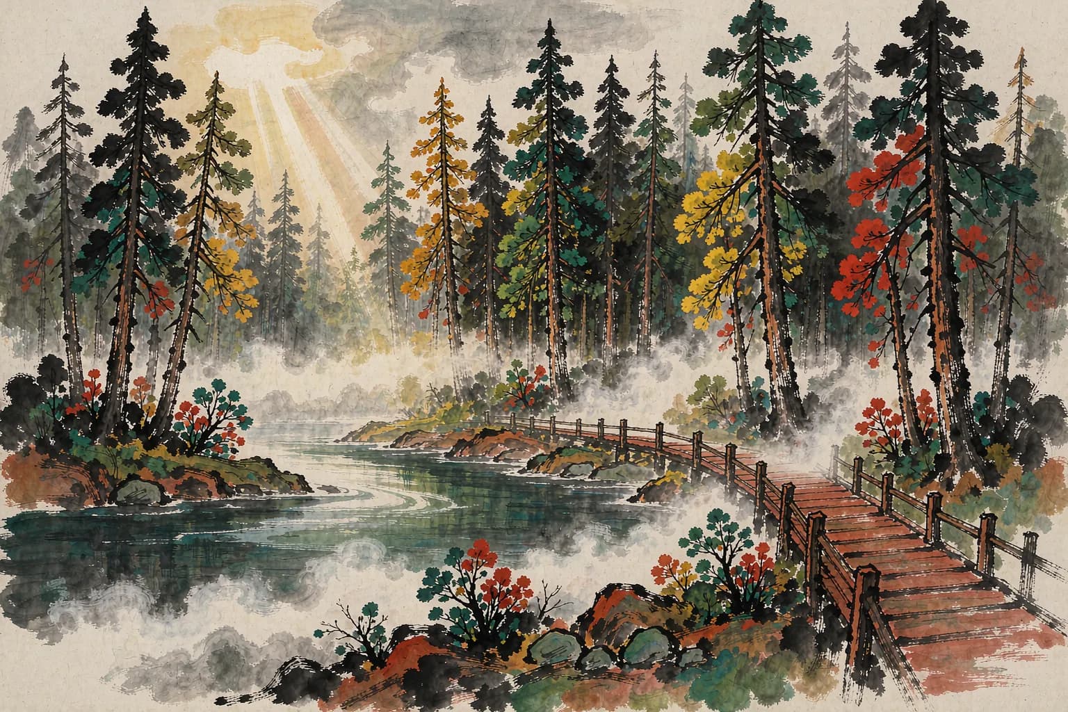 黄永玉风格插画:神仙湾晨雾与穿透针叶林的晨光