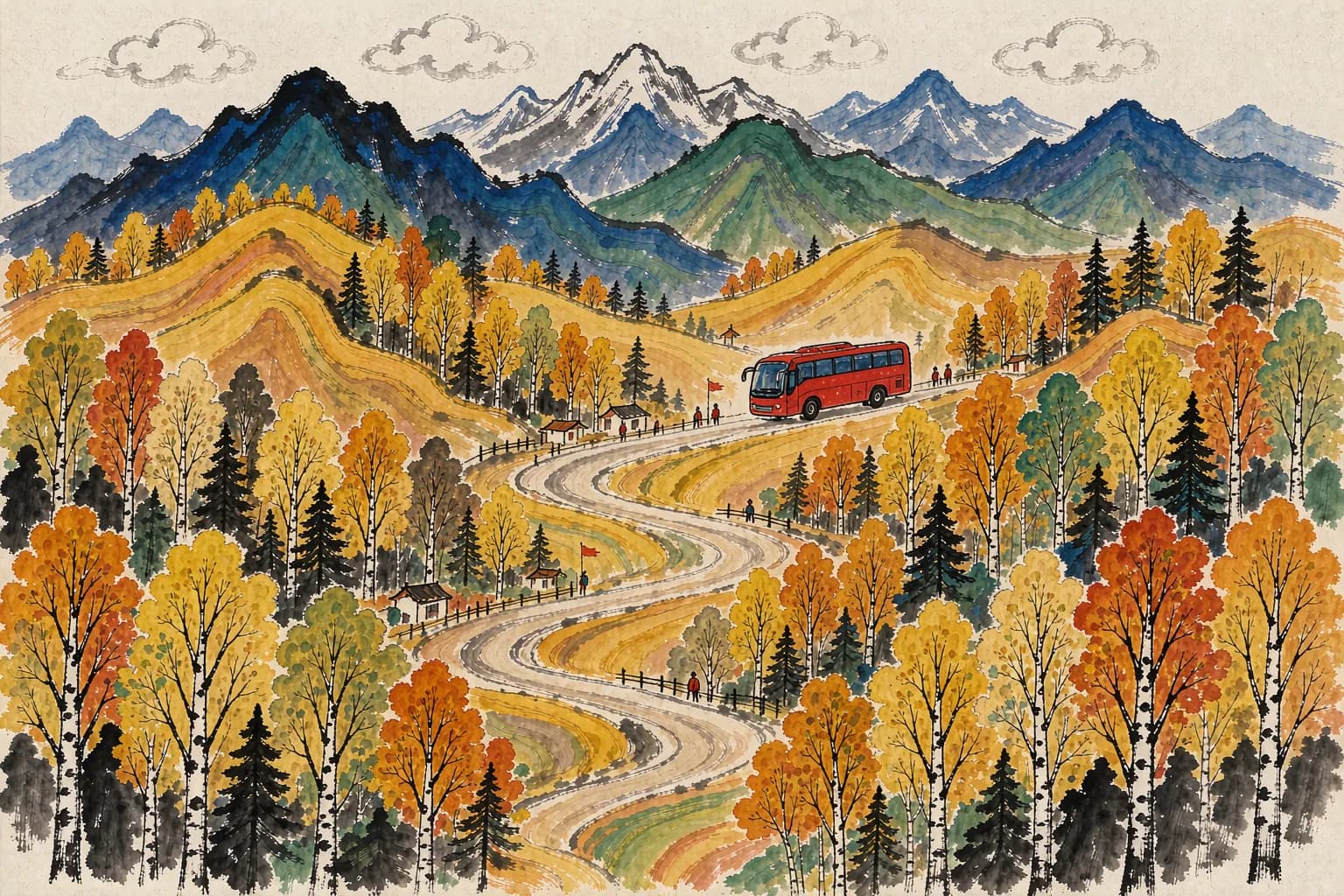 黄永玉风格插画:铁贾公路穿越金色森林